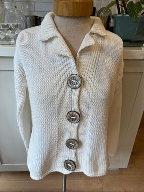 Pure Handknit White Collared large decorative 4 Button-Front Women's Cardigan